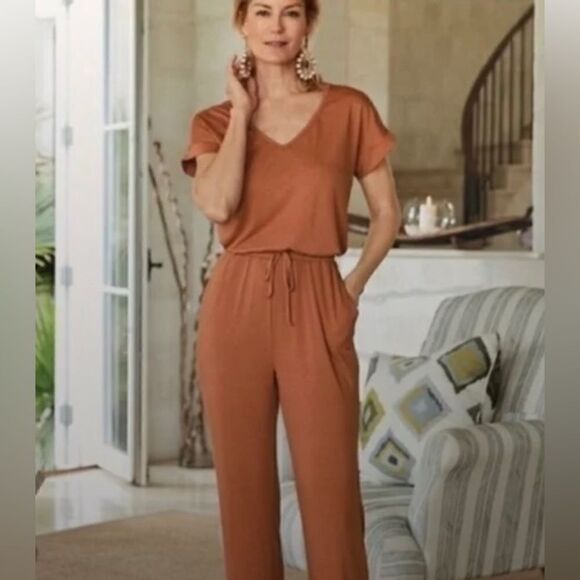 SOFT SURROUNDINGS Roslyn Wms Sz XSmall Rust Orange V Neck Elastic Waist JumpSuit - Picture 2 of 7